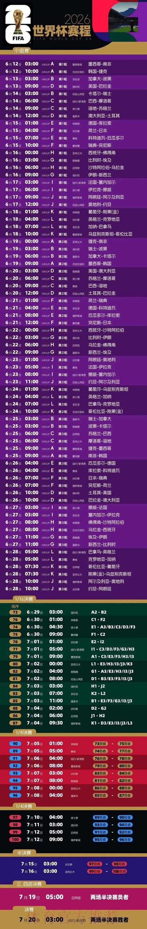 2026世界杯每日赛程完整版全程直播官网入口